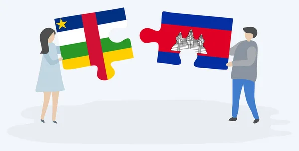 Dvojice Drží Dvě Skládanky Středoafrickými Kambodžskými Vlajkami Národní Symboly Středoafrické Stock Ilustrace
