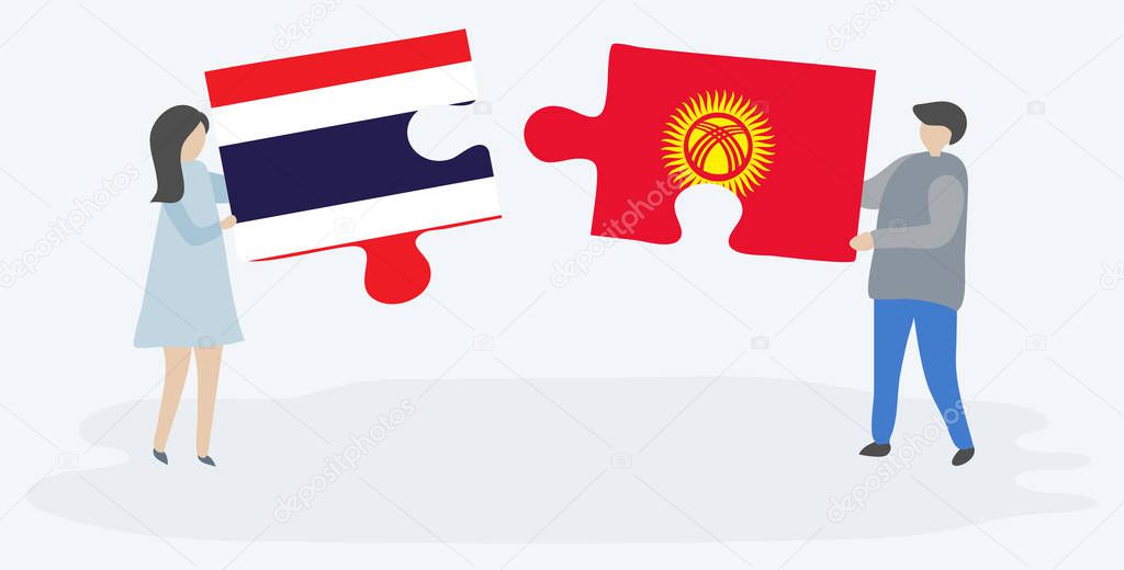 Couple holding two puzzles pieces with Thai and Kirgiz flags. Thailand and Kyrgyzstan national symbols together.