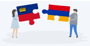 Lihtenştayn ve Ermeni bayraklarıyla iki bulmaca tutan çift. Lihtenştayn ve Ermenistan ulusal sembolleri birlikte.