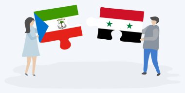 Çift Ekvator Ginesi ve Suriye bayrakları ile iki bulmaca parçaları tutan. Ekvator Ginesi ve Suriye ulusal sembolleri birlikte.