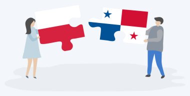 Polonya ve Panama bayrakları ile iki bulmaca parçaları tutan çift. Polonya ve Panama ulusal sembolleri birlikte.