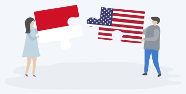 Çift Endonezya ve Amerikan bayrakları ile iki bulmaca parçaları tutan. Endonezya ve Amerika Birleşik Devletleri ulusal semboller i.