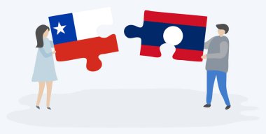 Şili ve Lao bayrakları ile iki bulmaca parçaları tutan çift. Şili ve Laos ulusal sembolleri birlikte.
