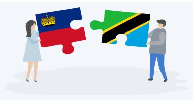 Lihtenştayn ve Tanzanya bayrakları ile iki bulmaca parçaları tutan çift. Liechtenstein ve Tanzanya ulusal sembolleri birlikte.