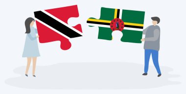 Trinidadian ve Dominik bayrakları ile iki bulmaca parçaları tutan çift. Trinidad ve Tobago ve Dominika ulusal sembolleri birlikte.