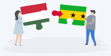 Macar ve Sao Tomean bayrakları ile iki bulmaca parçaları tutan çift. Macaristan ve Sao Tome ve Principe ulusal sembolleri birlikte.