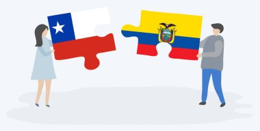 Şili ve Ekvador bayrakları ile iki bulmaca parçaları tutan çift. Şili ve Ekvador ulusal sembolleri birlikte.