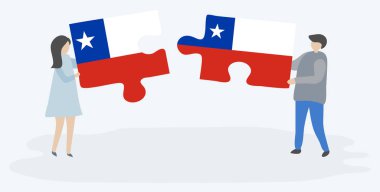 Şili ve Şili bayrakları ile iki bulmaca parçaları tutan çift. Şili ve Şili ulusal sembolleri birlikte.