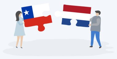 Şili ve Hollanda bayrakları ile iki bulmaca parçaları tutan çift. Şili ve Hollanda ulusal sembolleri birlikte.