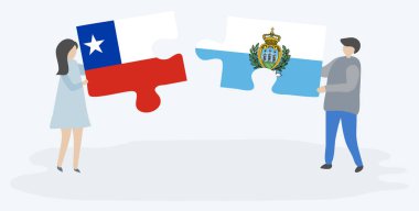 Şili ve Sammarinese bayrakları ile iki bulmaca parçaları tutan çift. Şili ve San Marino ulusal sembolleri birlikte.