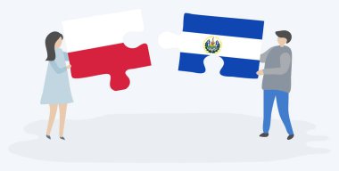 Çift Polonya ve Salvador bayrakları ile iki bulmaca parçaları tutan. Polonya ve El Salvador ulusal sembolleri birlikte.