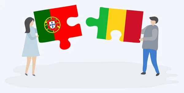 Paar Mit Zwei Puzzleteilen Mit Portugiesischen Und Malischen Flaggen Portugiesische — Stockvektor