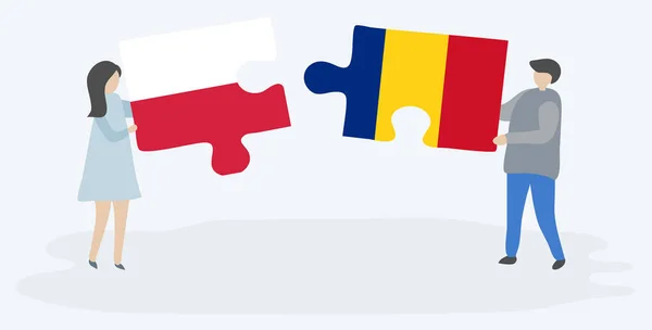 Pareja Sosteniendo Dos Piezas Rompecabezas Con Banderas Polacas Rumanas Polonia — Vector de stock