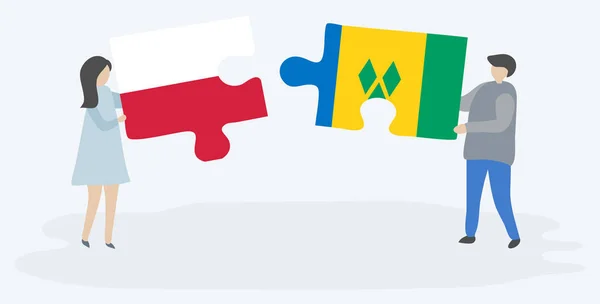 Couple Holding Two Puzzles Pieces Polish Vincentian Flags Poland Saint — Stock Vector