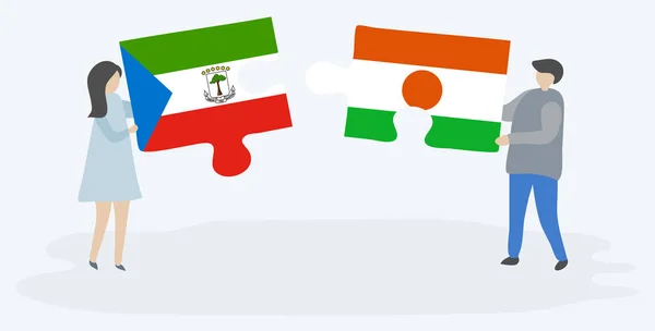 Pareja Sosteniendo Dos Piezas Rompecabezas Con Banderas Guinea Ecuatorial Nigeria — Vector de stock