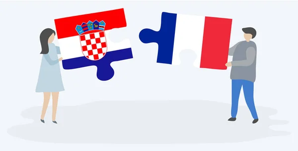 Couple Holding Two Puzzles Pieces Croatian French Flags Croatia France — Stock Vector