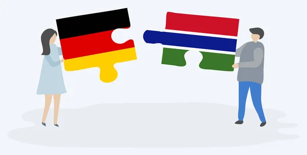 Couple Holding Two Puzzles Pieces German Gambian Flags Germany Gambia — Stock Vector