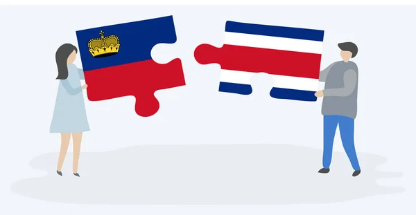 Pareja Sosteniendo Dos Piezas Rompecabezas Con Banderas Liechtenstein Costa Rica — Vector de stock