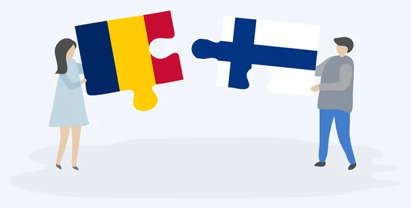 Pareja Sosteniendo Dos Piezas Rompecabezas Con Banderas Chad Finlandia Chad — Vector de stock