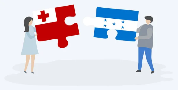 Paar Houden Twee Puzzels Stukken Met Tongaanse Hondurese Vlaggen Tonga — Stockvector