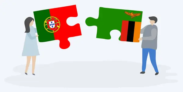 Paar Mit Zwei Puzzleteilen Mit Portugiesischen Und Sambischen Flaggen Nationale — Stockvektor