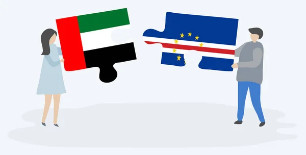 Casal Segurando Duas Peças Quebra Cabeças Com Bandeiras Emirianas Cabo —  Vetores de Stock