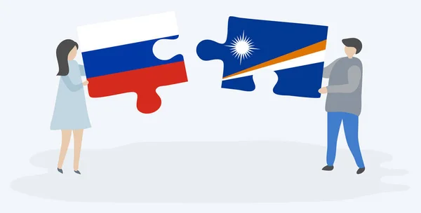 Pareja Sosteniendo Dos Piezas Rompecabezas Con Banderas Rusas Marshallesas Rusia — Archivo Imágenes Vectoriales