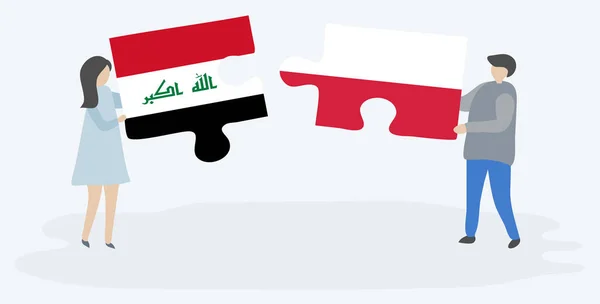 Pareja Sosteniendo Dos Piezas Rompecabezas Con Banderas Iraquíes Polacas Iraq — Vector de stock