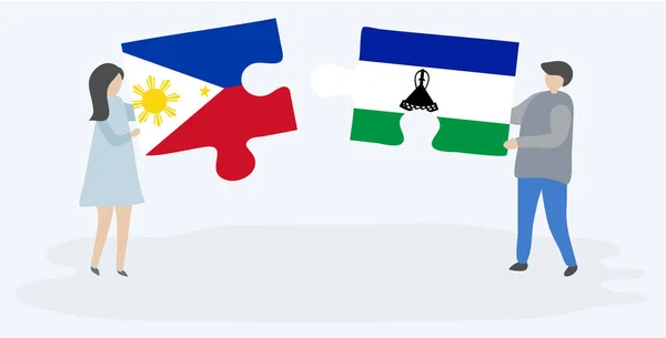 Par Som Innehar Två Pusselbitar Med Filippinska Och Basotho Flaggor — Stock vektor