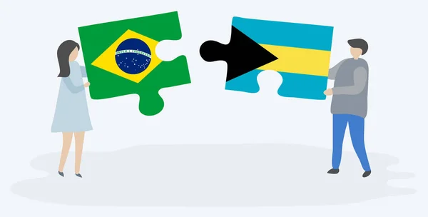 Ζευγάρι Που Κρατάει Δύο Κομμάτια Παζλ Σημαίες Βραζιλίας Και Μπαχάμες — Διανυσματικό Αρχείο