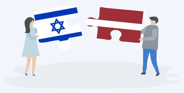 Dvojice Která Drží Dvě Skládanky Izraelskými Lotyskou Vlajkou Národní Symboly — Stockový vektor