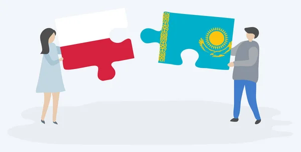 Para Trzyma Dwa Puzzle Kawałki Polskich Kazachskich Flag Symbole Narodowe — Wektor stockowy