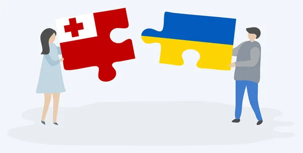 Couple Tenant Deux Pièces Puzzles Avec Des Drapeaux Tongan Ukrainien — Image vectorielle