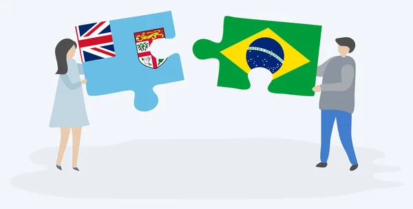 Couple Holding Two Puzzles Pieces Fijian Brazilian Flags Fiji Brazil — Stock Vector