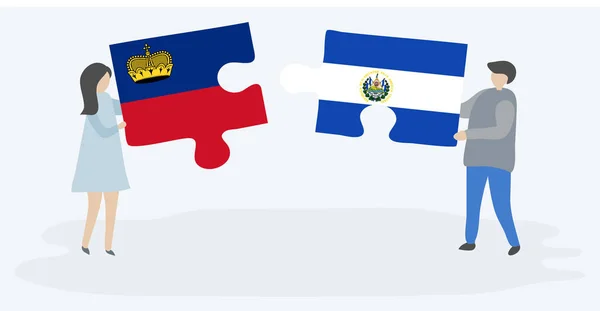 Paar Mit Zwei Puzzleteilen Mit Liechtenstein Und Salvadorianischen Fahnen Liechtenstein — Stockvektor