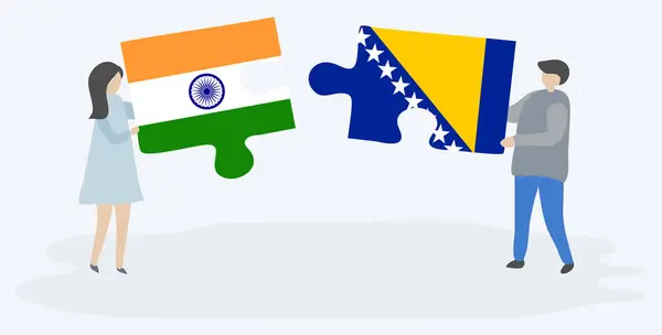 Couple Tenant Deux Pièces Puzzles Avec Des Drapeaux Indiens Bosniaques — Image vectorielle