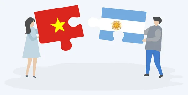 Couple Tenant Deux Pièces Puzzles Avec Des Drapeaux Vietnamiens Argentins — Image vectorielle