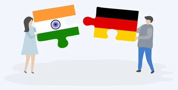 Couple Holding Two Puzzles Pieces Indian German Flags India Germany — Stock Vector