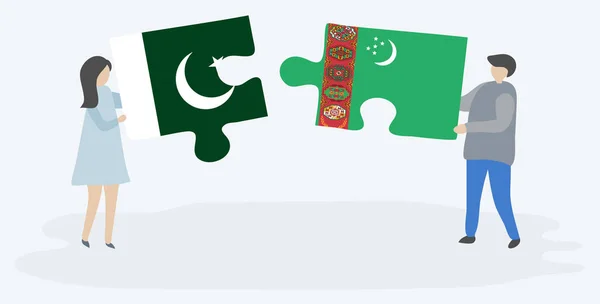 Couple Holding Two Puzzles Pieces Pakistani Turkmen Flags Pakistan Turkmenistan — Stock Vector