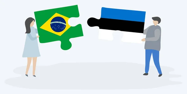 Casal Segurando Duas Peças Quebra Cabeças Com Bandeiras Brasileiras Estonianas — Vetor de Stock