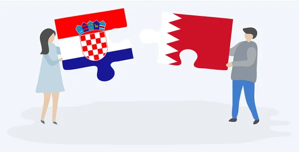 Casal Segurando Duas Peças Quebra Cabeças Com Bandeiras Croatas Bahrein — Vetor de Stock