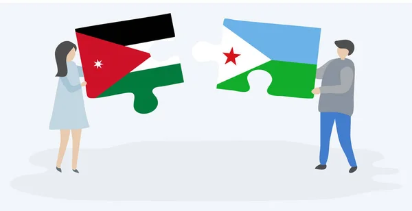 ヨルダンとジブチの旗で2つのパズルのピースを保持しているカップル ヨルダンとジブチの国のシンボル — ストックベクタ