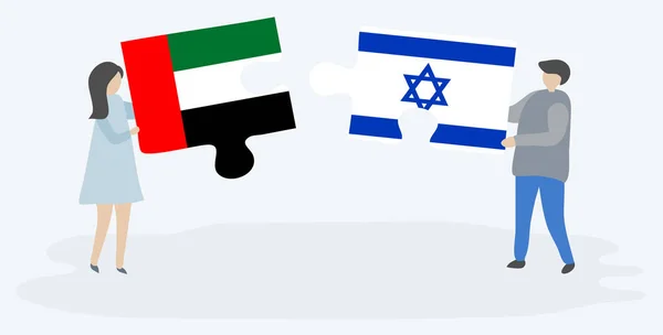 Pareja Sosteniendo Dos Piezas Rompecabezas Con Banderas Emirian Israel Emiratos — Archivo Imágenes Vectoriales