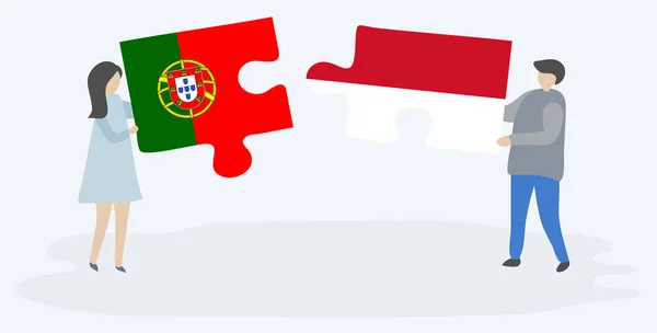 Casal Com Duas Peças Puzzles Com Bandeiras Portuguesas Monegascas Portugal — Vetor de Stock