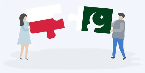 Casal Segurando Duas Peças Quebra Cabeças Com Bandeiras Polonesas Paquistanesas — Vetor de Stock