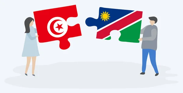 Pareja Sosteniendo Dos Piezas Rompecabezas Con Banderas Tunecinas Namibias Túnez — Vector de stock