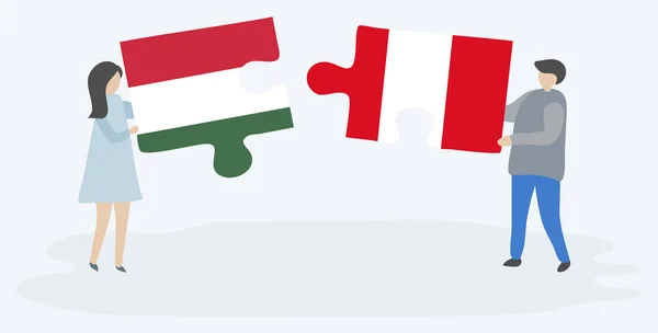 Paar Houden Twee Puzzels Stukken Met Hongaarse Peruaanse Vlaggen Hongarije — Stockvector