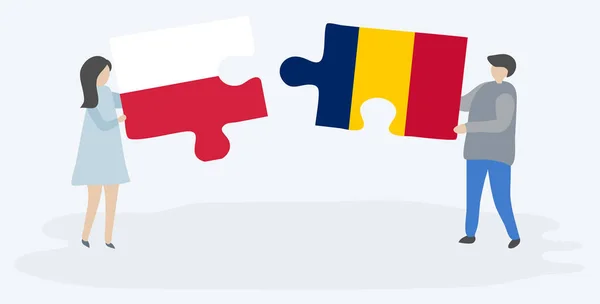 Pareja Sosteniendo Dos Piezas Rompecabezas Con Banderas Polacas Chadianas Polonia — Vector de stock