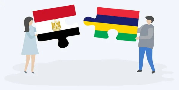 Dvojice Která Drží Dvě Skládanky Egyptských Mauranových Vlajkách Národní Symboly — Stockový vektor