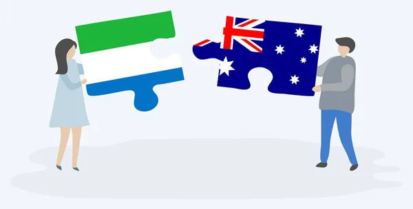 Paar Houden Twee Puzzels Stukken Met Sierra Leonean Australische Vlaggen — Stockvector
